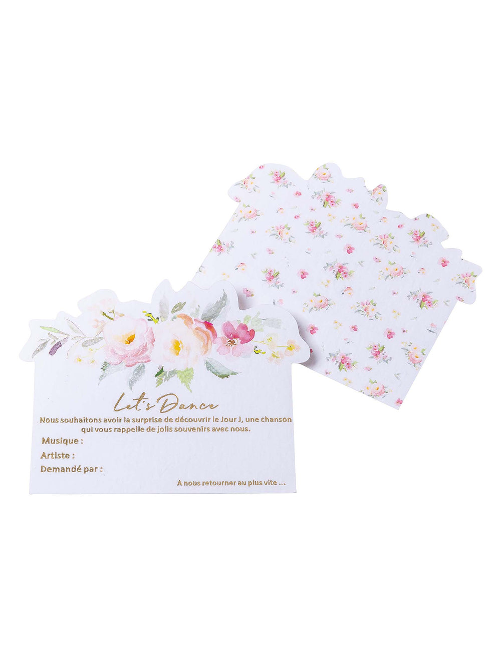 Cartes aquarelle Let's Dance pour animation mariage motif floral rose avec dorure