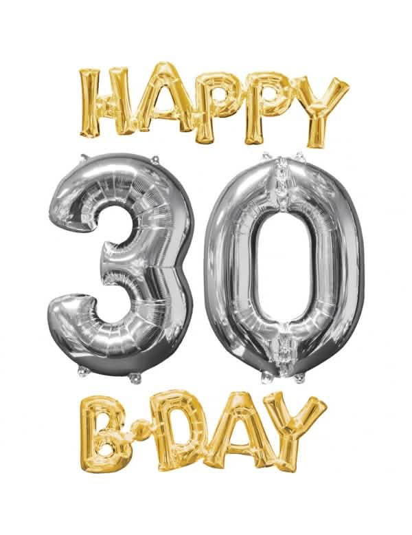 hliníkové balónky Happy Bday 30 k narozeninám zlatá a stříbrná