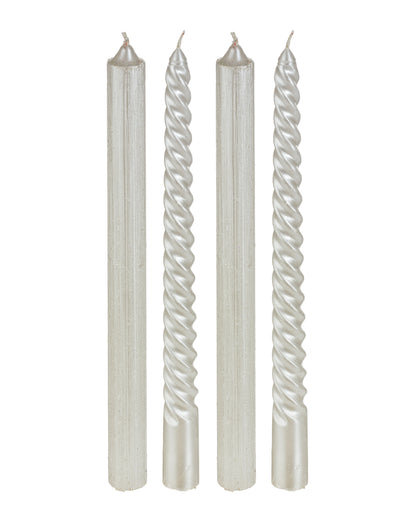 Lot de 4 bougies chandelles de fête pour décoration blanches et paillettes torsadées