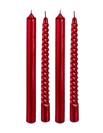 4 červené svíčky se zlatým třpytem 25 cm