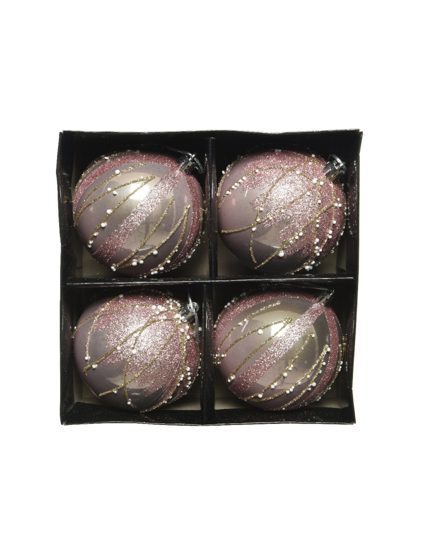 4 růžové a zlaté třpytivé vánoční koule 8 cm s perlami