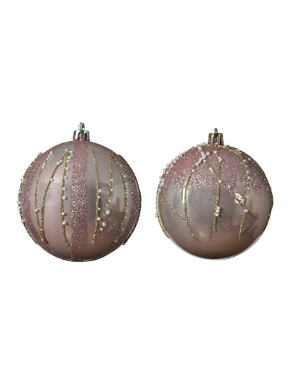 4 růžové a zlaté třpytivé vánoční koule 8 cm s perlami
