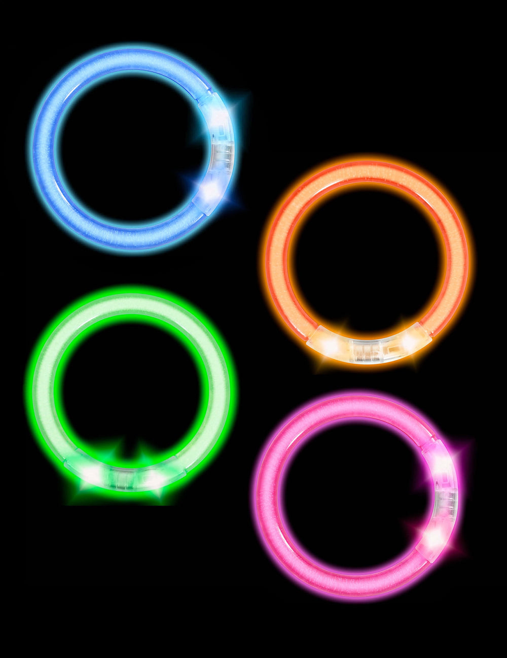 Détail du rendu lumineux des 4 bracelets lumineux LED pour adulte