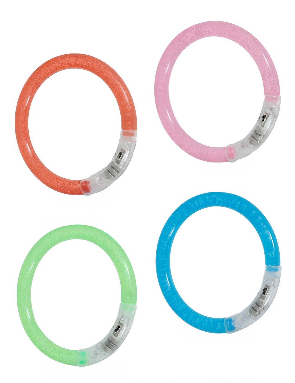 Détail du boîtier de commande et des piles des 4 bracelets lumineux LED pour adulte