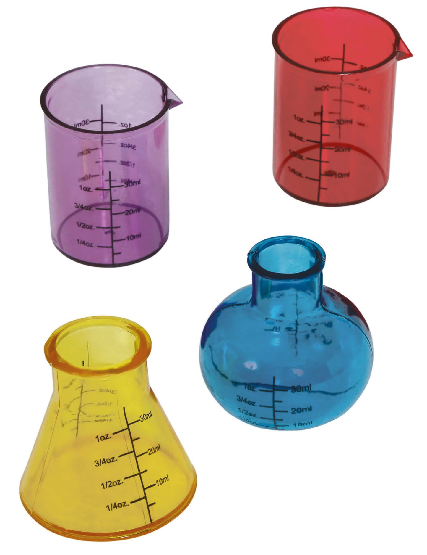 4 falešné vícebarevné laboratorní kádinky o průměru 6 cm