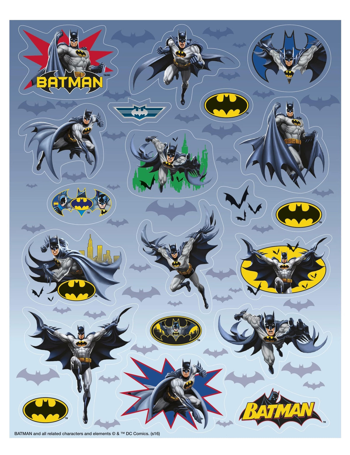 4 Feuilles de stickers Batman pour enfant bleus et gris avec logos jaunes