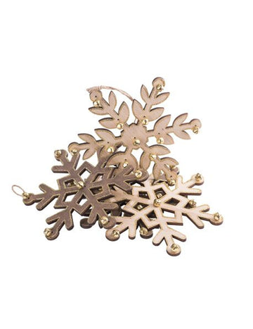 4 dřevěné vločky se třpytkami a zlatými rolničkami 18 cm 