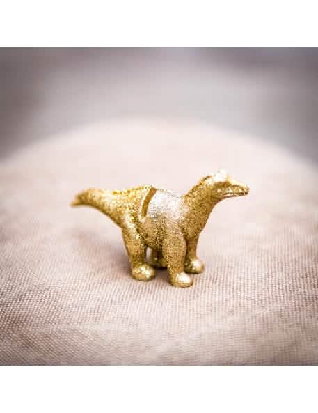 Detail na zlaté třpytky jmenovky z pryskyřice dinosaurus
