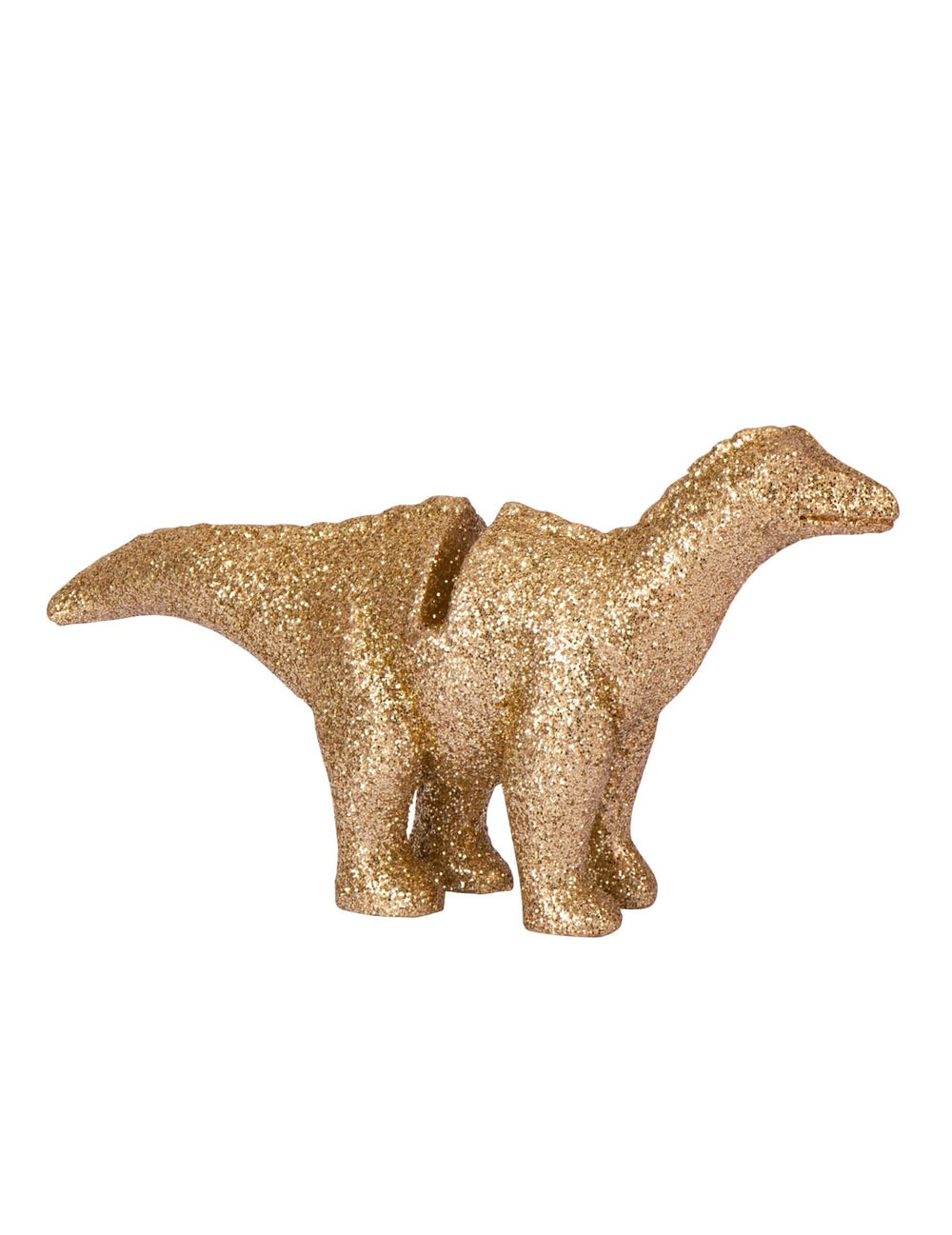 Detail na zlaté třpytky jmenovky z pryskyřice dinosaurus