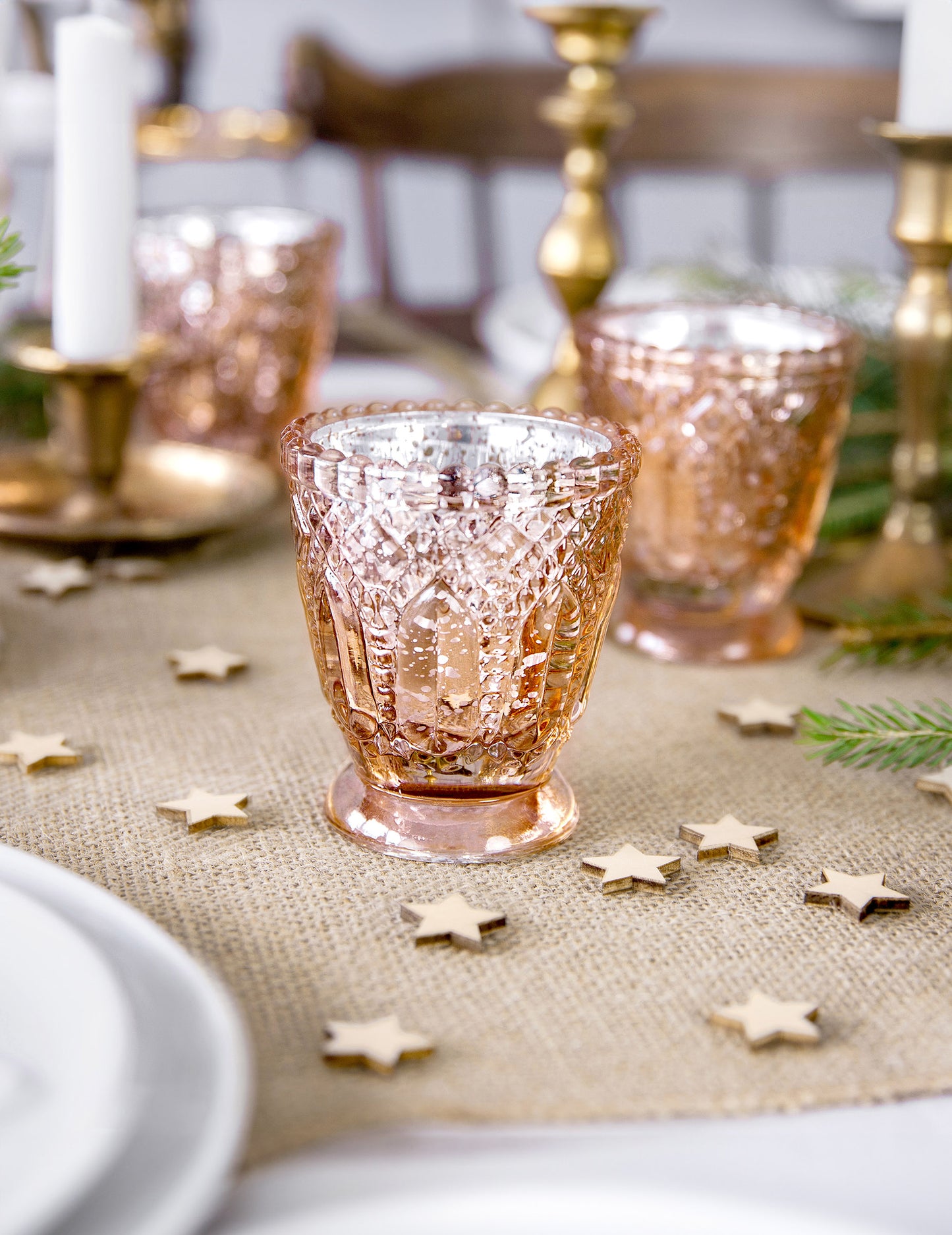 4 skleněné držáky na čajové svíčky z růžového zlata 8 cm svatební výzdoba