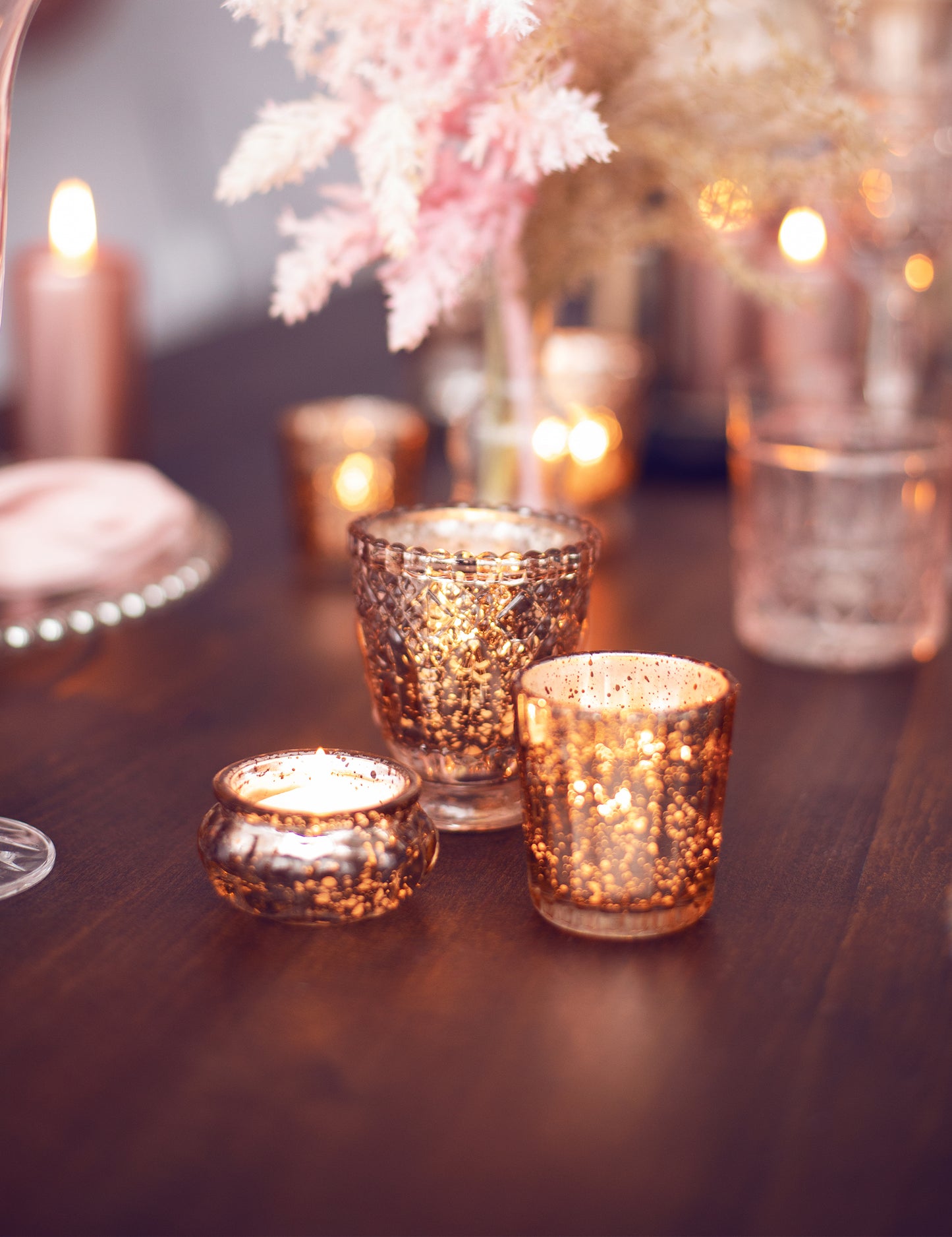 4 skleněné držáky na čajové svíčky z růžového zlata 8 cm svatební výzdoba