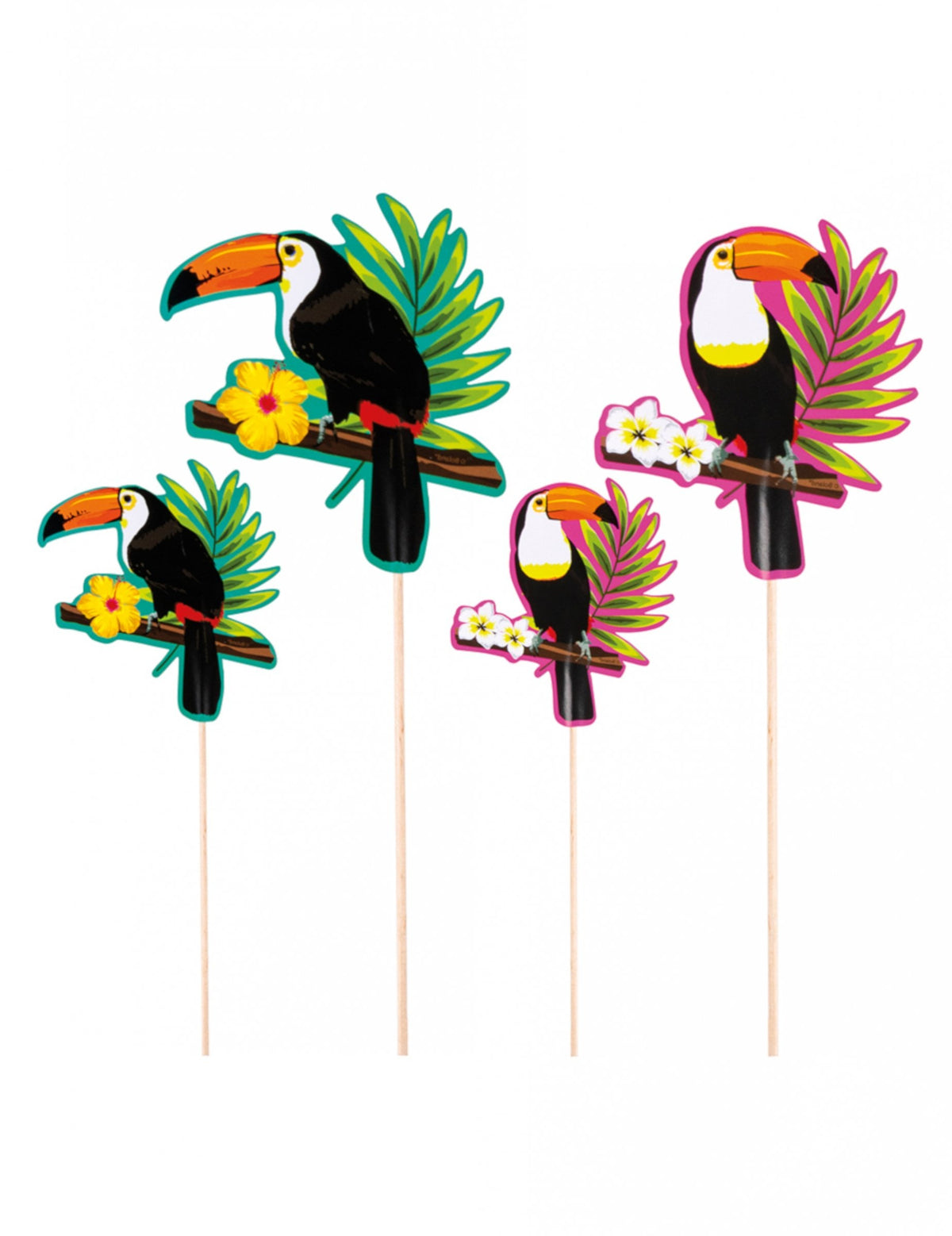 Mise en situation sur une table de fête des pics en bois toucan