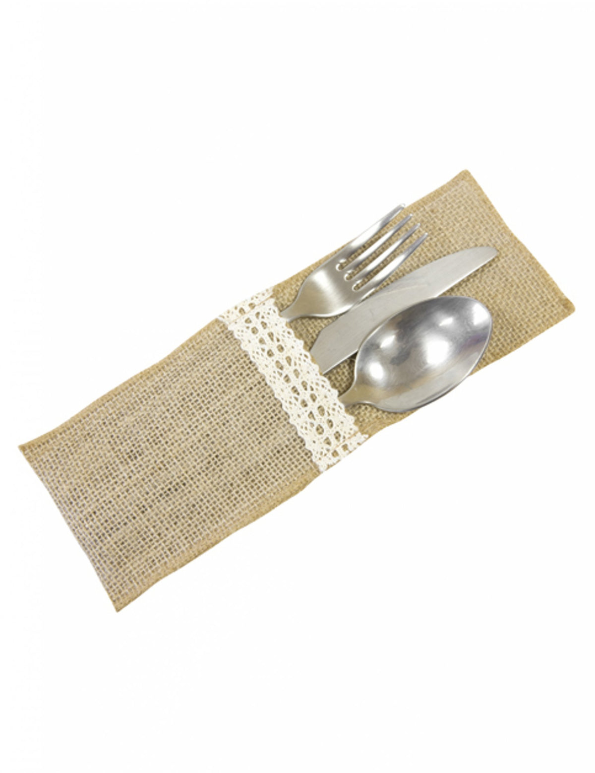 Porte-couverts effet jute et dentelle pour fête beige et blanc