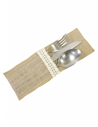 4 držáky na příbory s jutovým a bílým krajkovým efektem 8,5 x 24,5 cm