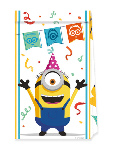 Sachets de fête Minions pour enfant jaune avec motifs festifs et confettis