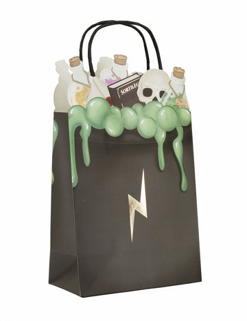 Papírová dárková taška pro dětského učně kouzelníka v černé barvě se zeleným slizem a zlatým bleskem