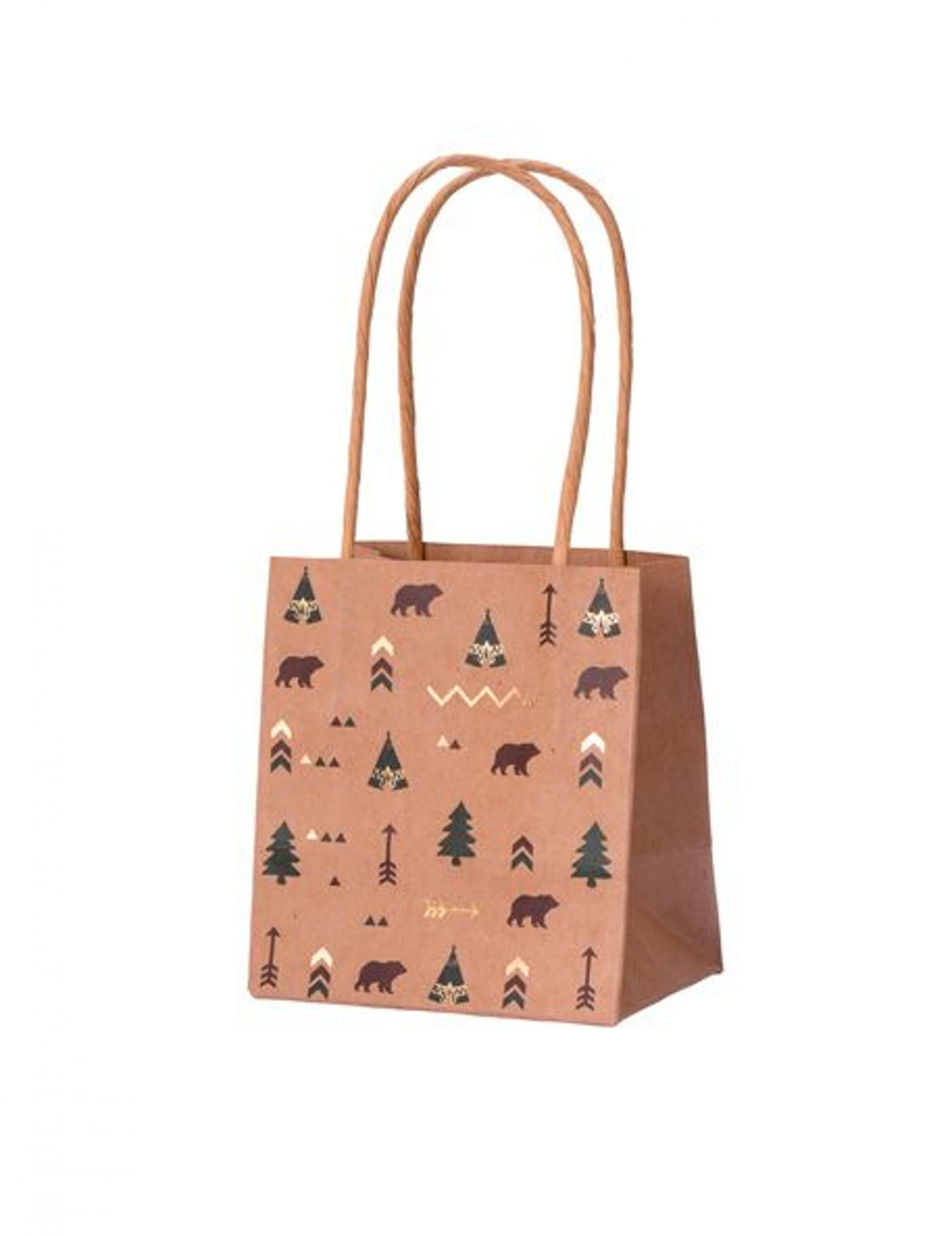 4 indické lesní kraftové zelenohnědé dárkové tašky a zlacení 10 x 7 x 11 cm téma teepee