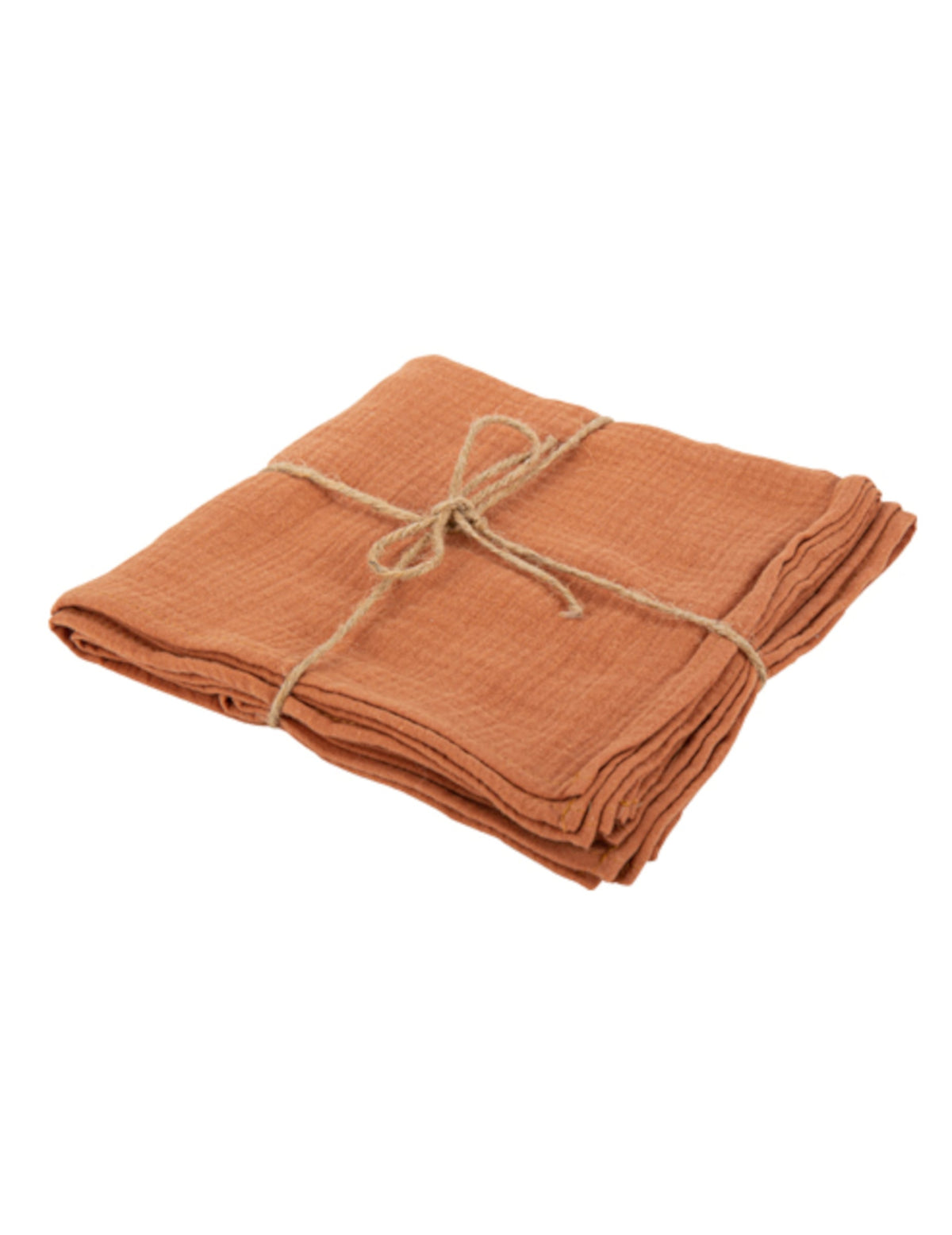Vue des serviettes pliées et ficelées des 4 serviettes en gaze de coton terracotta