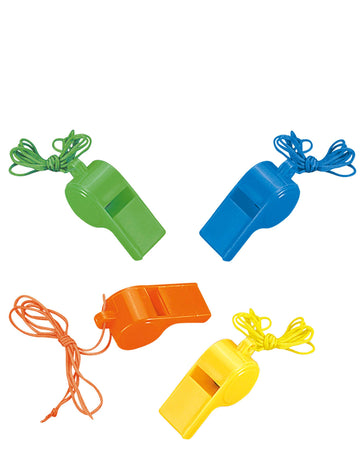 4 sifflets colorés pour enfants vert bleu orange et jaune avec cordons