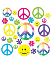 Décorations cartonnées hippie pour fête multicolores avec peace, smileys et fleurs