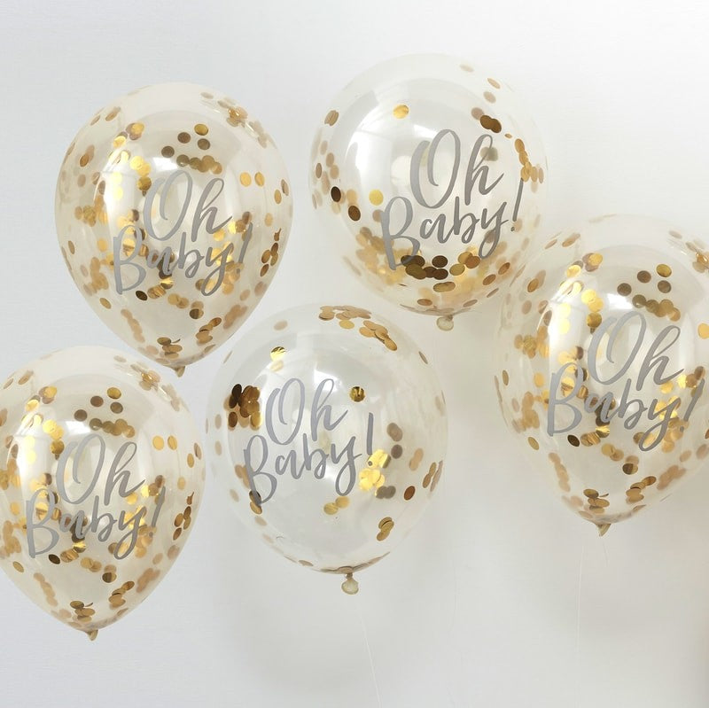 Vue d'ensemble du lot de 5 ballons Oh Baby en latex transparents à confettis dorés métallisés