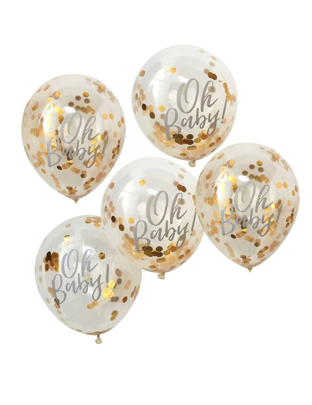 5 ballons Oh Baby en latex transparents à confettis dorés métallisés