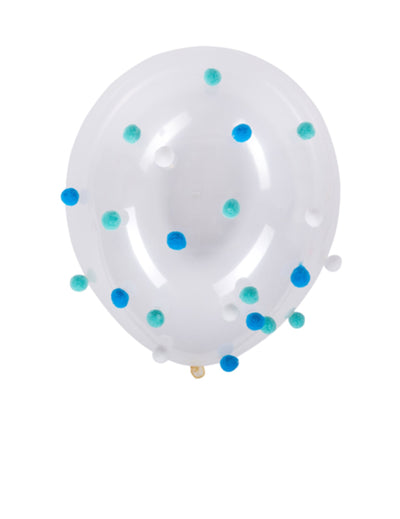 Ballon pompon pour anniversaire transparent bleu et blanc