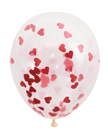 5 průhledných latexových balónků s červenými konfetami ve tvaru srdce 40,5 cm
