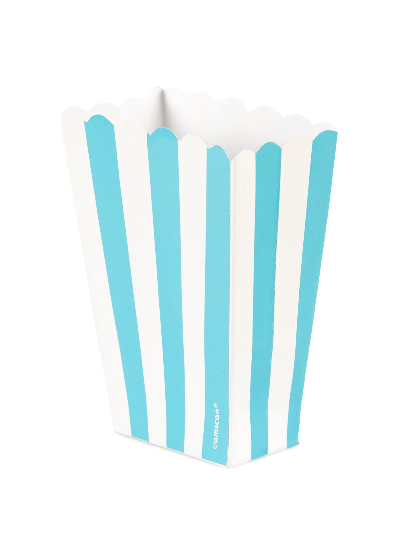 5 krabiček na popcorn v modrobílém kartonu s tyrkysovými pruhy 6,3 x 13,5 x 3,8 cm