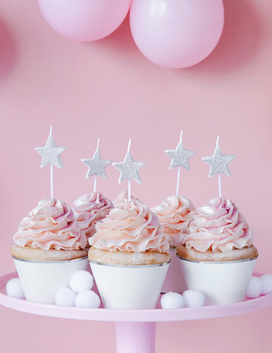 Bougies d'anniversaire sur pic étoiles pour fête argentées pailletées