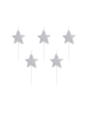 5 narozeninových svíček na stříbrném třpytivém hvězdném výběru 3,5 cm