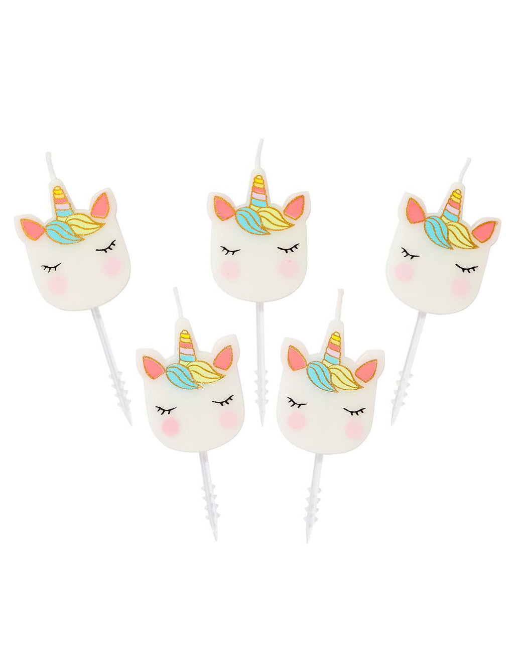 5 bougies d'anniversaire tête de licorne pour enfant blanches aux détails pastel