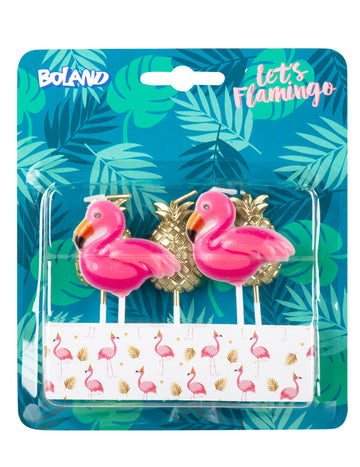 5 svíček na růžovém plameňákovi a zlatém ananasu 8 cm na dort