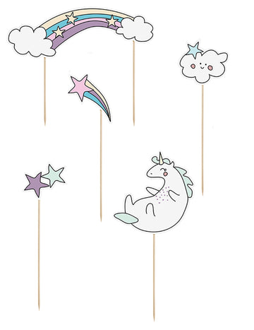 5 ozdob na dort na jednorožcích a duhových tyčinkách 23.5 cm