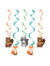 Suspensions en spirales animaux de la forêt pour anniversaire multicolore avec motifs castor renard et raton laveur