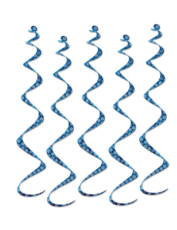 5 spirálových závěsů modré a bílé sněhové vločky 60 cm na Vánoce