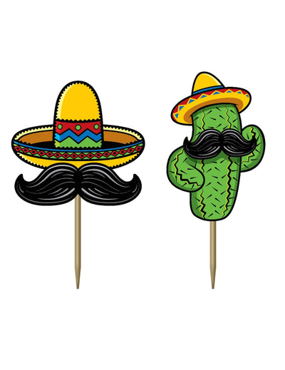 Pics en carton fiesta mexicaine motifs cactus et sombrero à moustaches jaune et vert