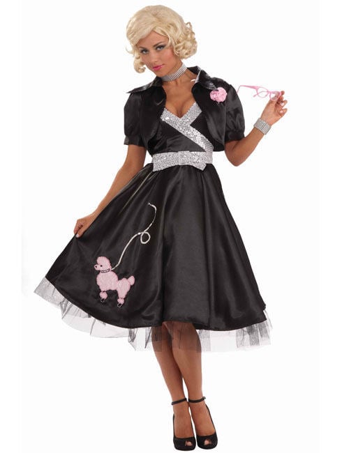 Déguisement rockabilly des années 50 avec caniche pour femme noir et argent