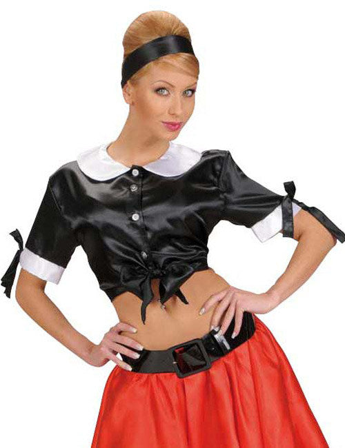 Saténová halenka z 50. let, krátká, černo-bílá 