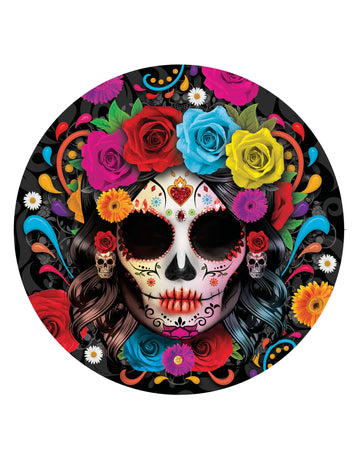 Assiettes Catrina Dia de los muertos multicolores avec fleurs sur fond noir