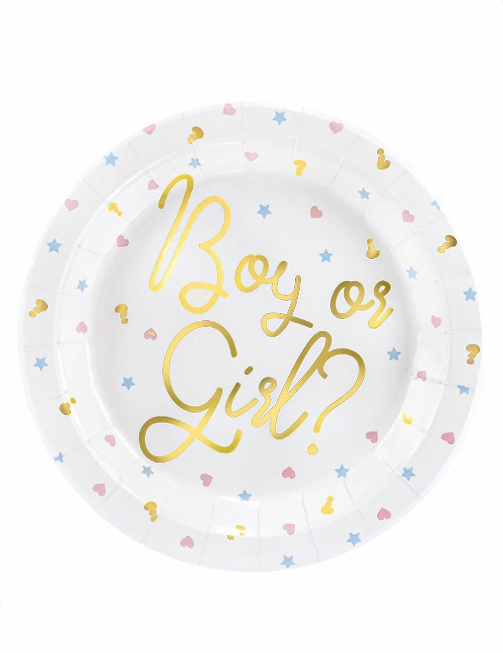 Papírové talíře Boy or Girl pro baby shower bílé se zlatým lettráním