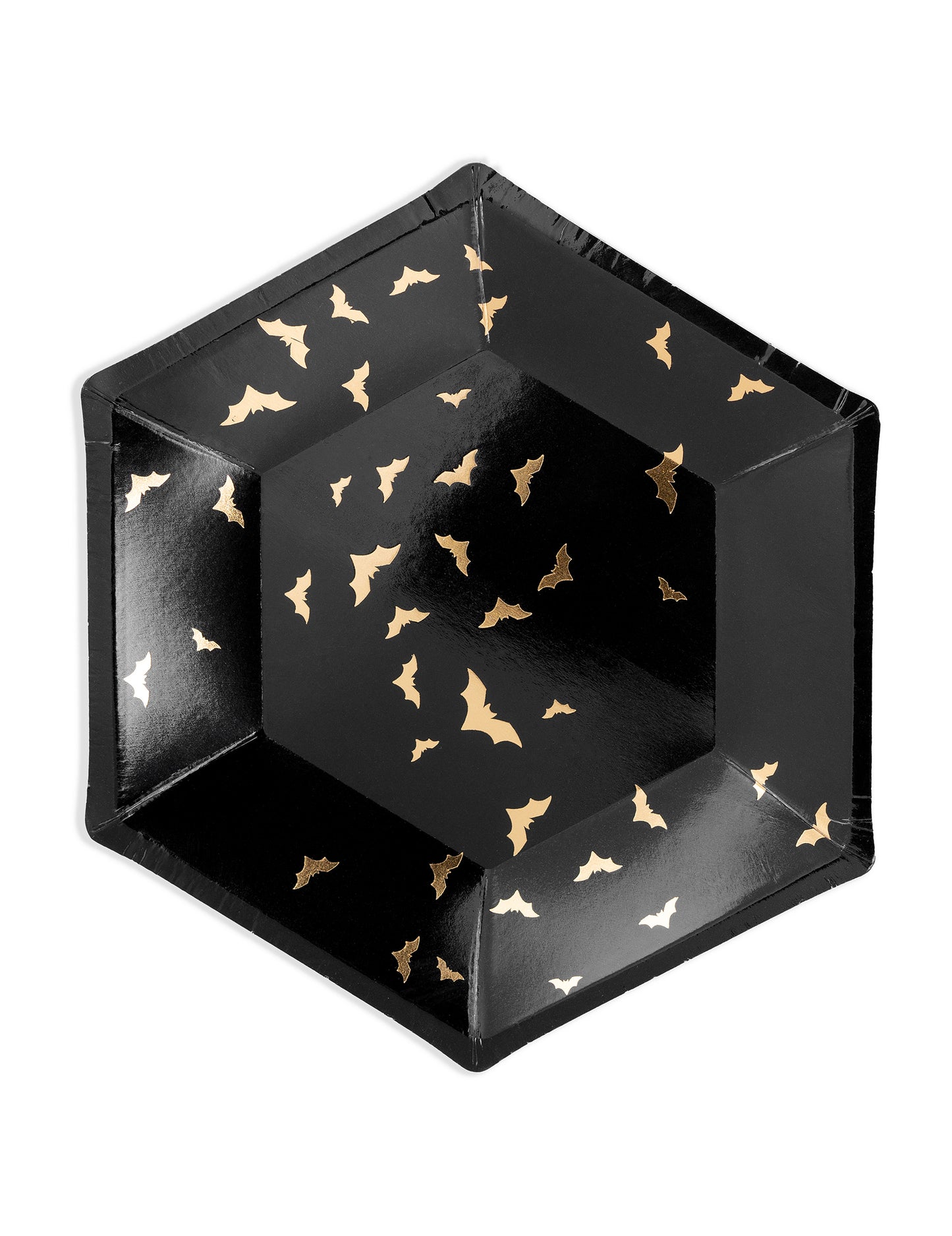 6 papírových talířů černé a zlaté netopýry 20 cm šestiúhelníkový