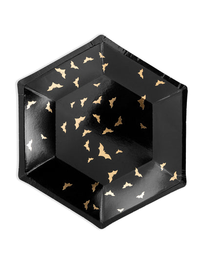 6 papírových talířů černé a zlaté netopýry 20 cm šestiúhelníkový