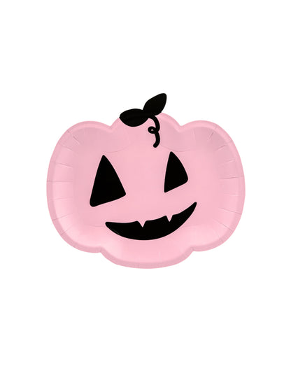 Assiettes en carton citrouille pour Halloween rose et noire souriante