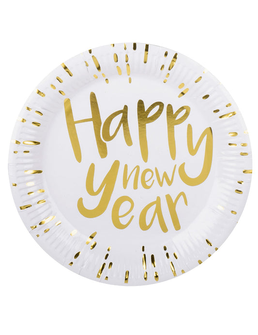 Assiettes en carton Happy New Year pour le réveillon blanches et dorées