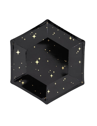 Assiettes en carton hexagonales étoiles pour fête noires et dorées