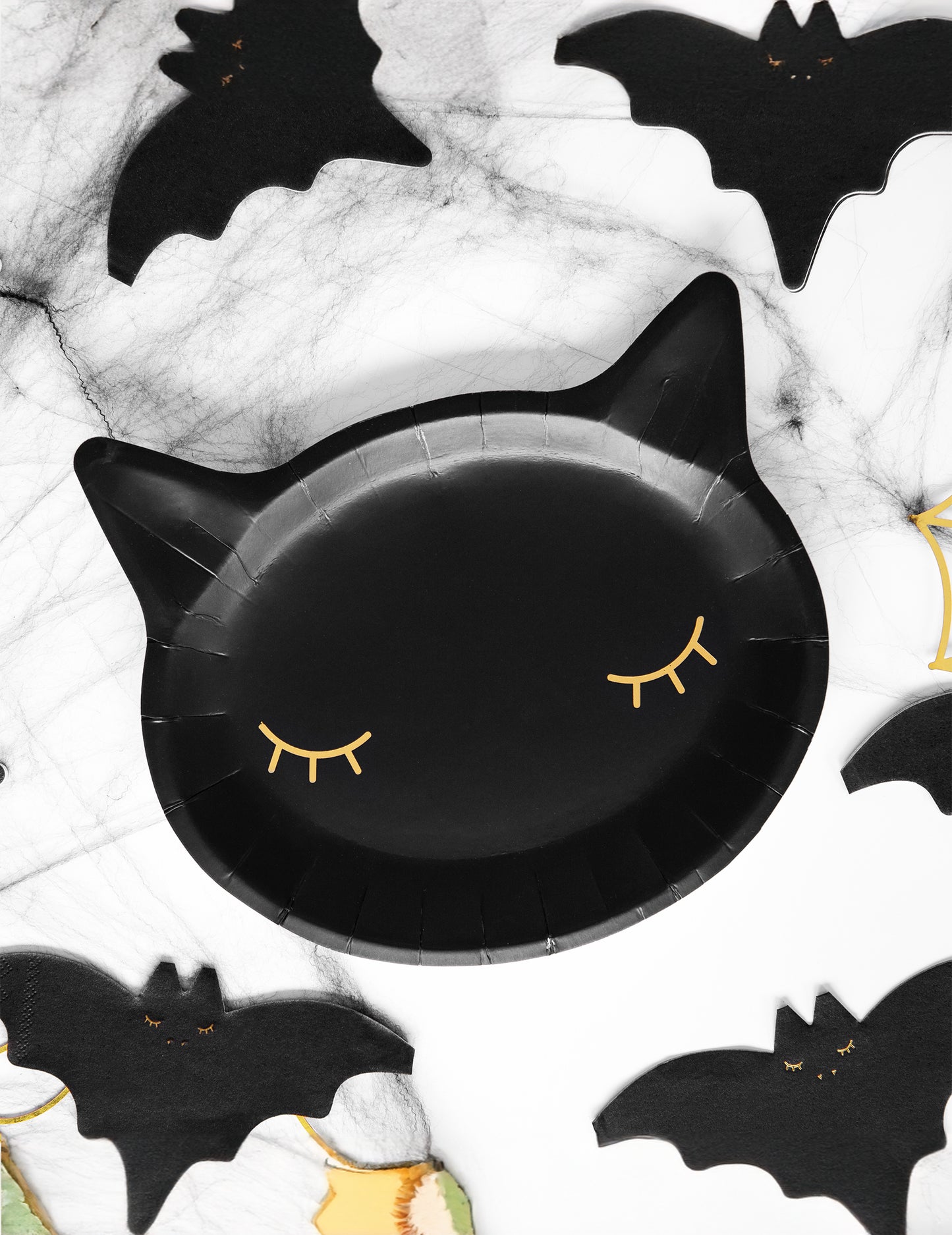 6 papírových talířů s hlavou černé kočky 22 cm zlaté oči