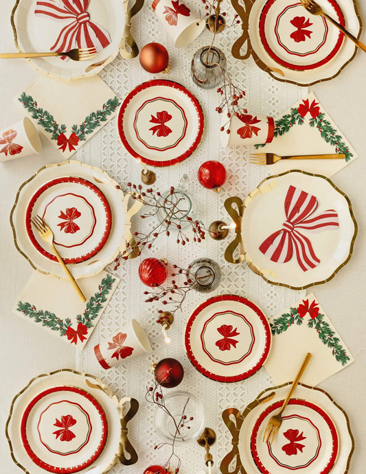 6 talířů Červená a béžová mašle 18 cm