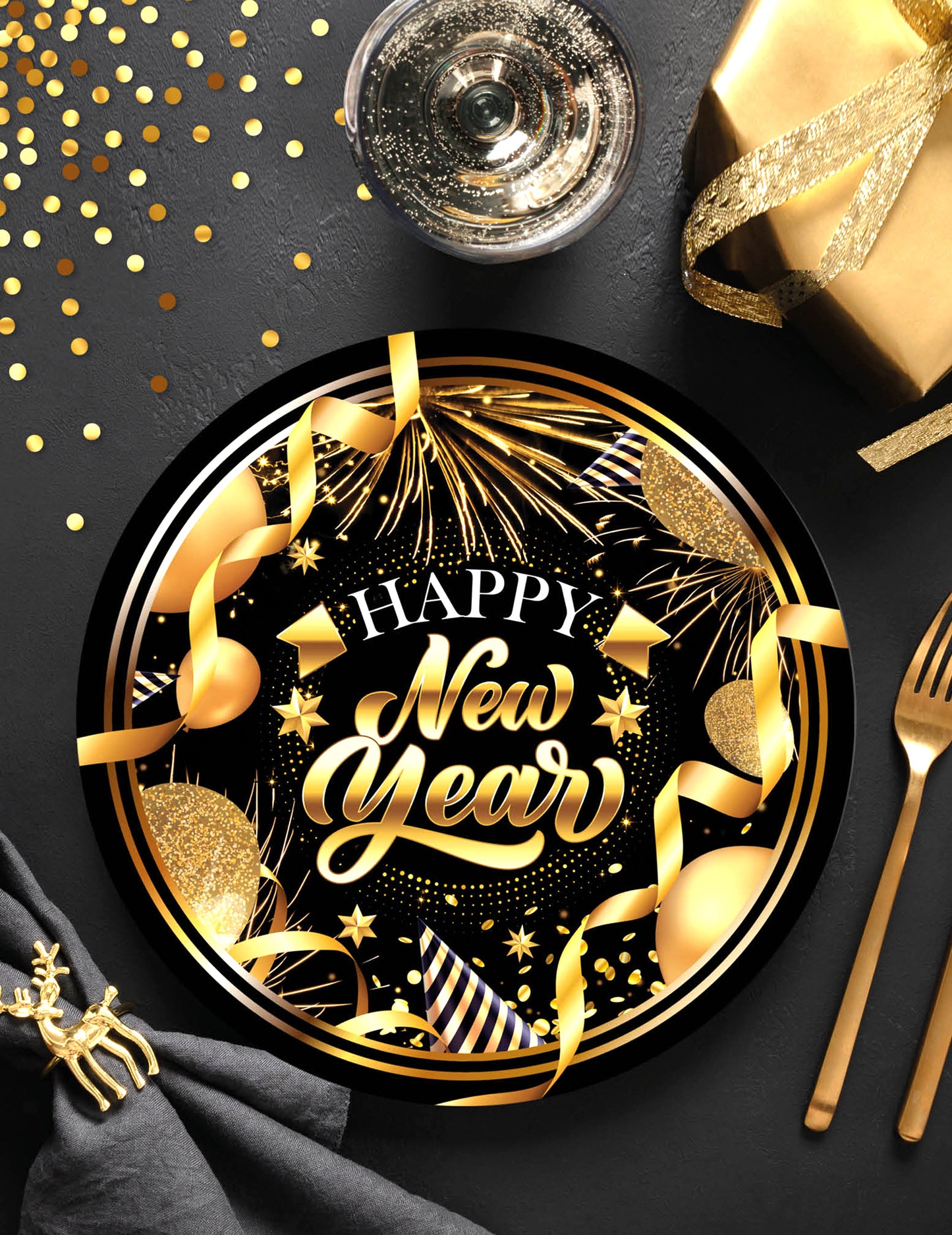 6 černých a zlatých papírových talířů pro šťastný nový rok 23 cm