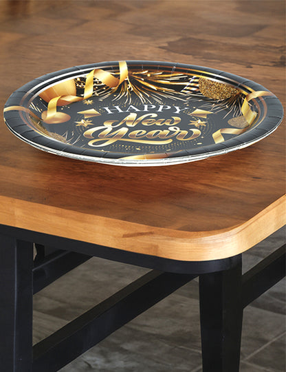 6 černých a zlatých papírových talířů pro šťastný nový rok 23 cm